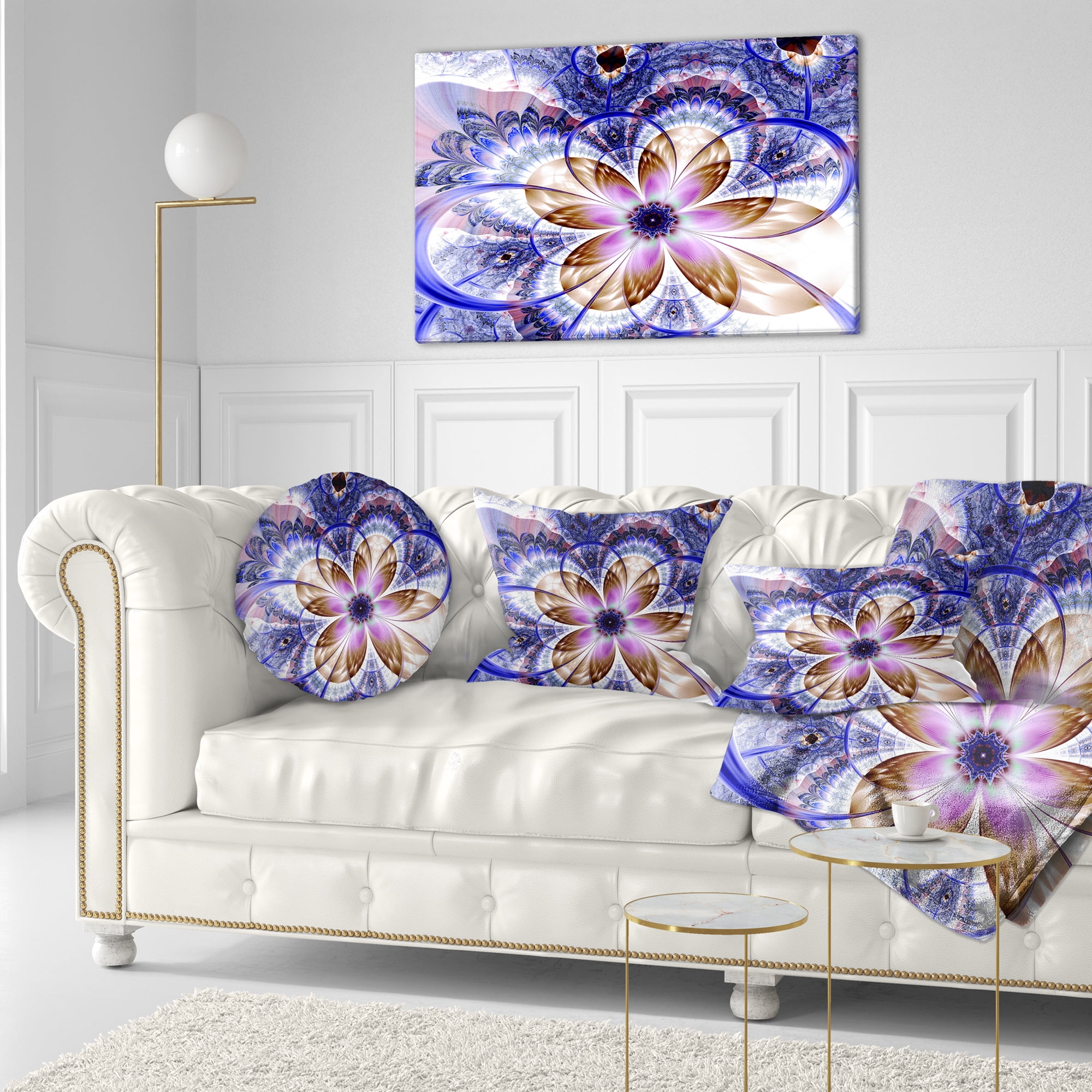 Designart Blue Light Fractal Flower - Floral Throw Pillow - 12x20