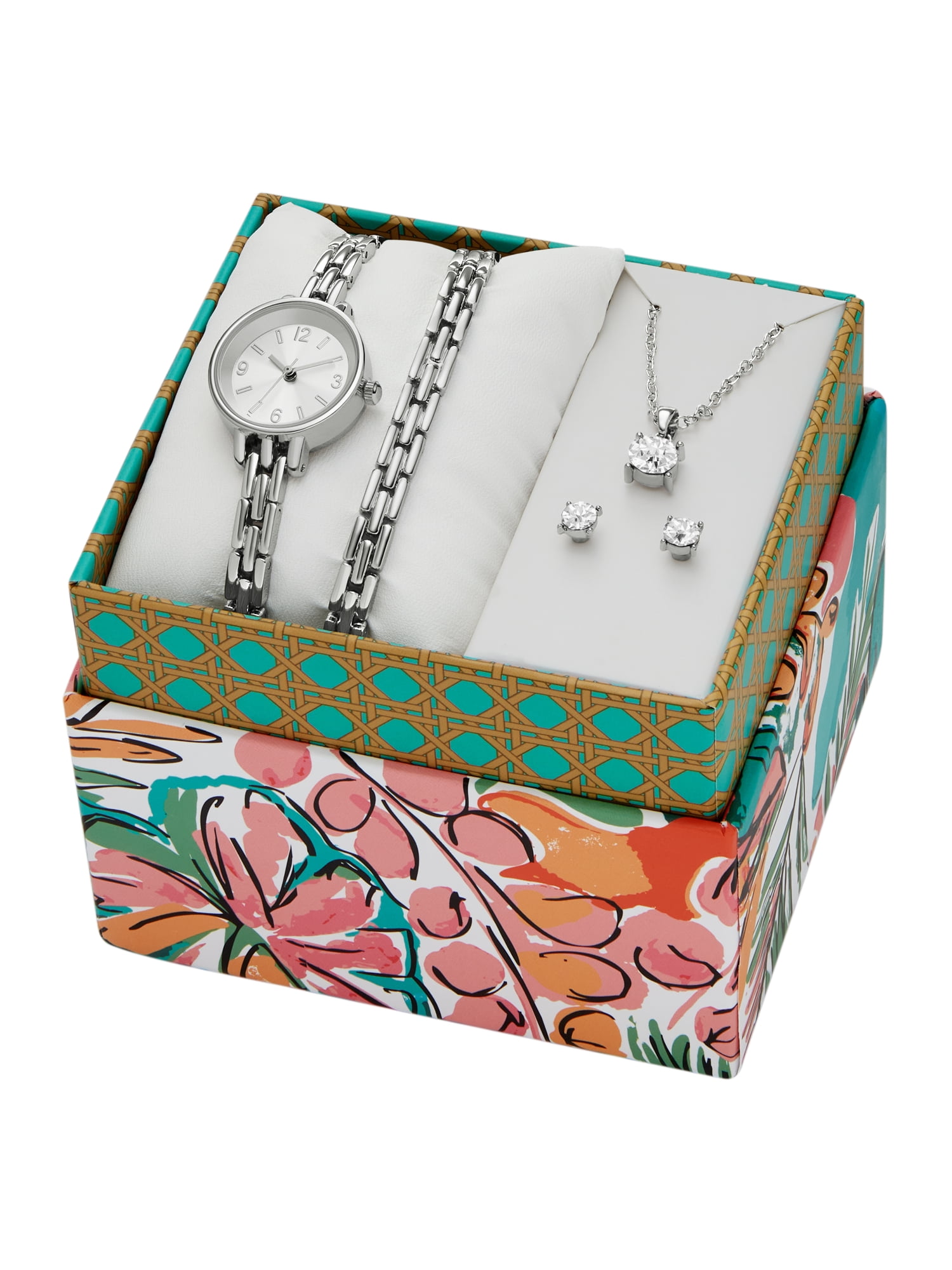Folio Women's Watch Gift Set: Silver Tone Small Round Case, Silver Sunray Dial and Silver Tone Link Bracelet