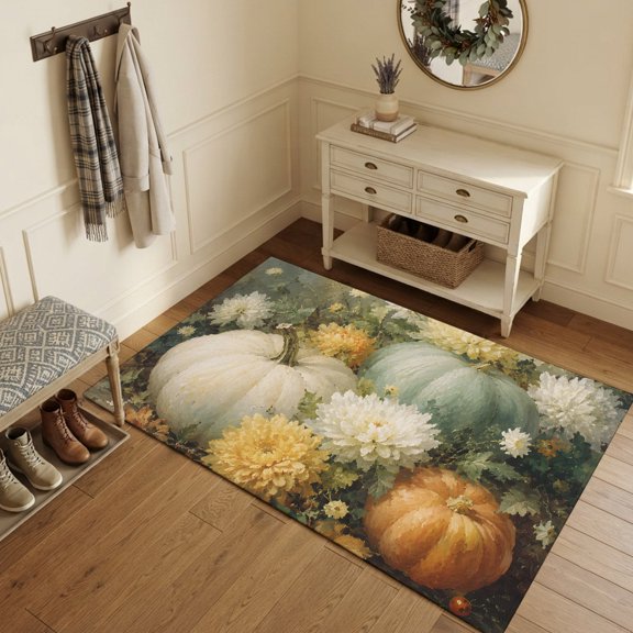 Area Rugs 3'x5', Teal White Pumpkins Fall Carpet Runner Indoor Outdoor Rugs Home Decor Aesthetic, Thanksgiving Floral Vintage Non Slip Mats Washable Accent Rug for Living Room Bedroom