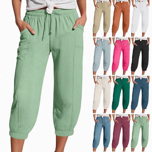 Mnuaqn Linen Capri Pants for Women High Waisted Wide Leg Cropped Pants Summer Casual Elastic Waist Yoga Capris with Pockets (Khaki, S)