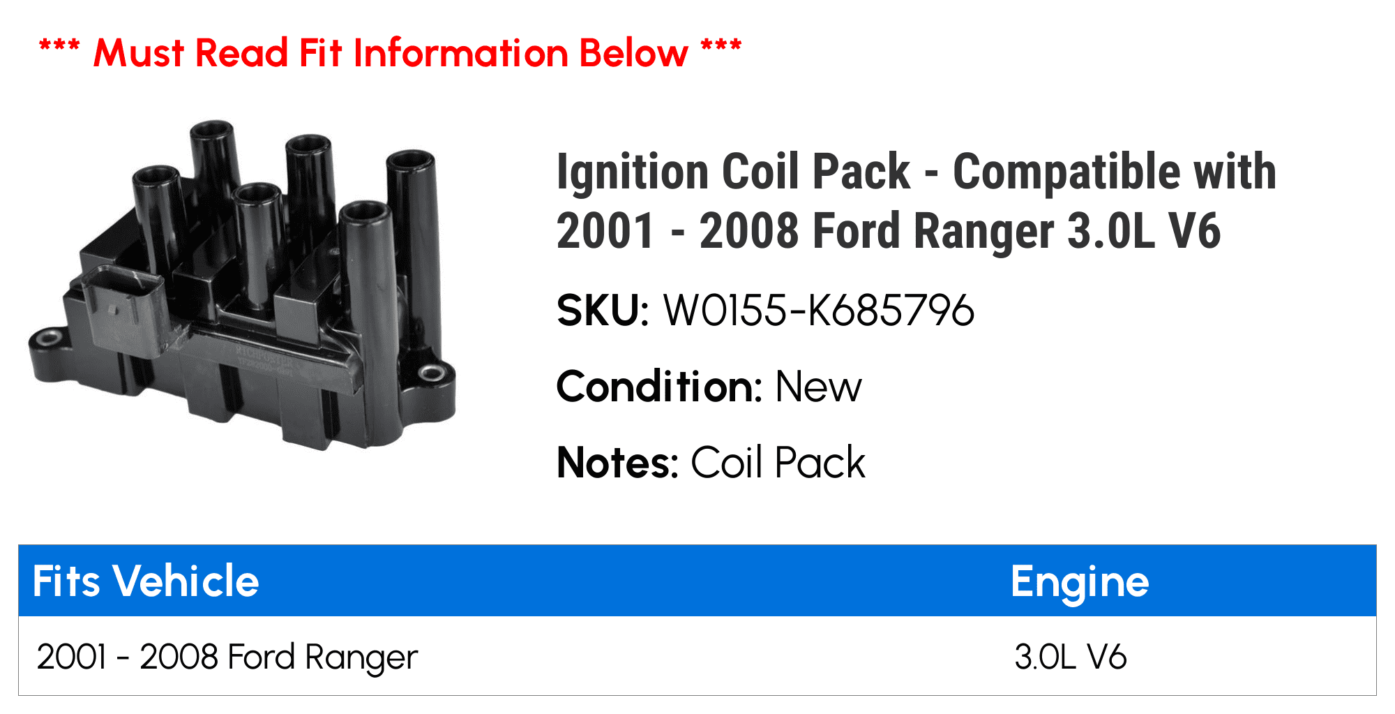 Ignition Coil Pack - Compatible with 2001 - 2008 Ford Ranger 3.0L V6 2002 2003 2004 2005 2006 2007