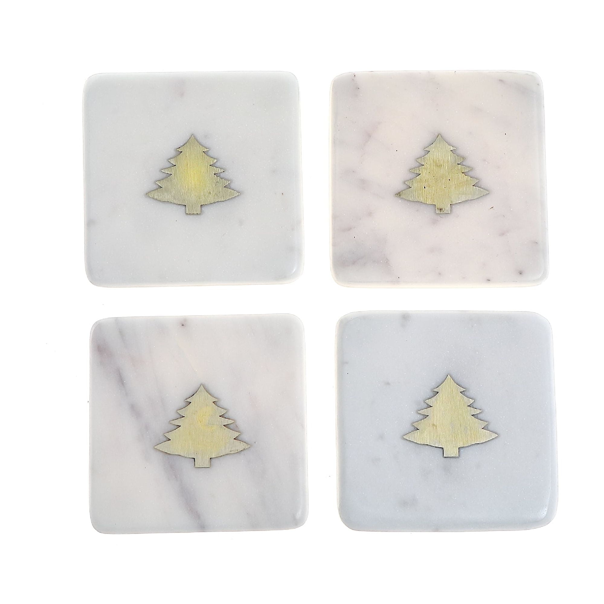 4Pc Whi'te Marble Square Coaster W/ Tree Brass Inlay (4X4")
