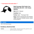 thumbnail image 2 of Right Passenger Side Fender Liner - Compatible with 2018 - 2021 Honda Odyssey 2019 2020, 2 of 2