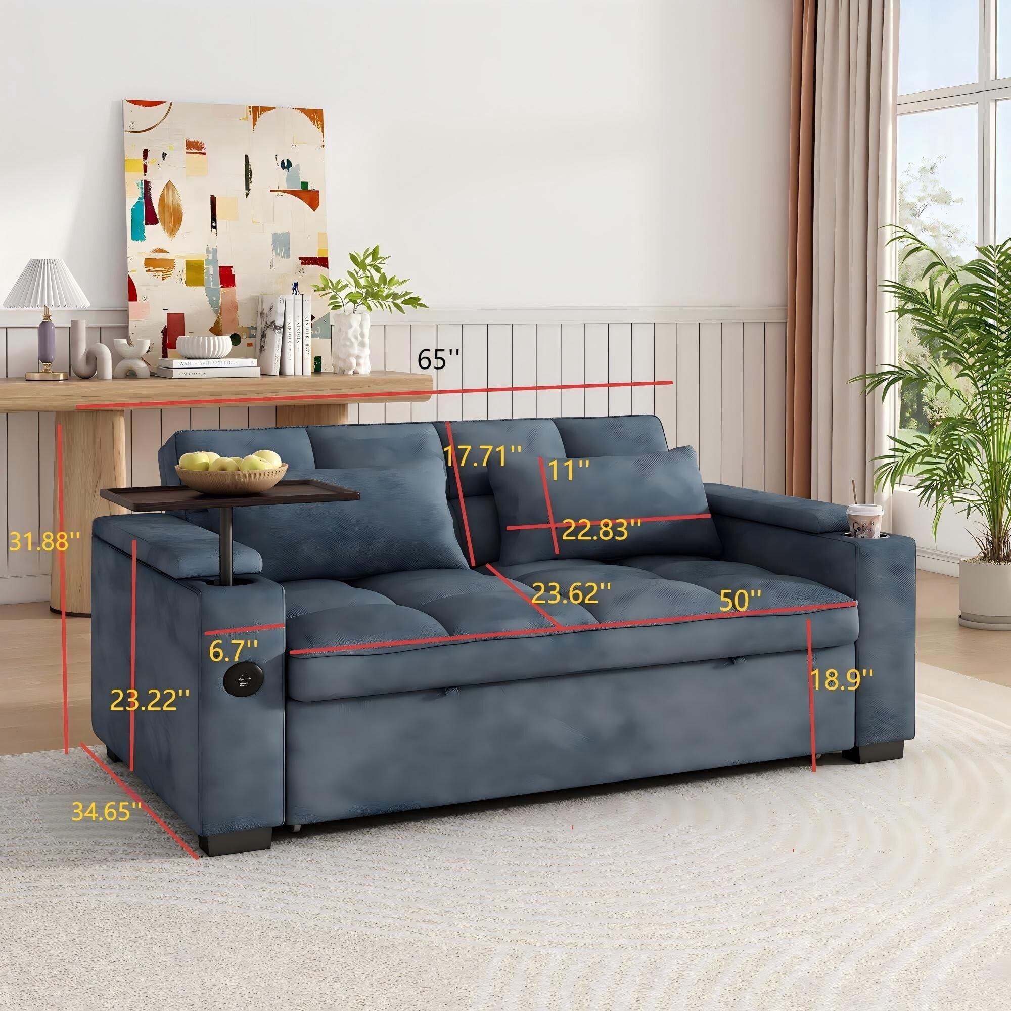 DEALTOPS 65" 3-in-1 Sleeper Sofa Bed, 3-Position Pull Out Couch with 90° Swivel Table, USB & Storage, Chenille, Blue