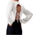 thumbnail image 2 of Wensltd Sweater Women Solid Vintage Pullover Sweater Crewneck Long Sleeve Backless Lace Up Tops, 2 of 6