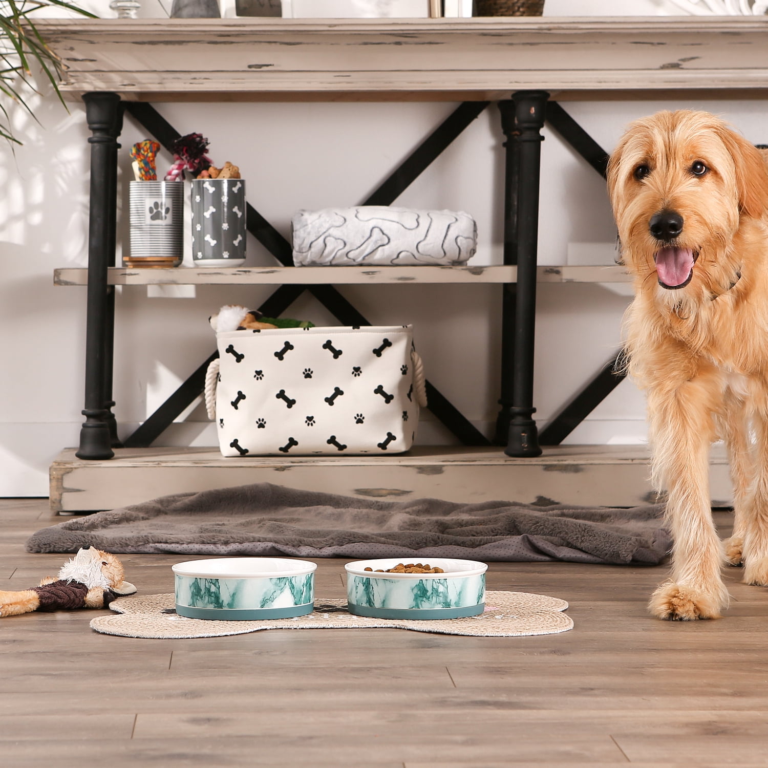 Bone Dry Ceramic Marble, Pet Bowls, Dishwasher Safe, Large, 7.5x2.4", Teal, 2 Count