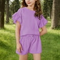 thumbnail image 2 of Girls Summer Solid Color Outfits, 2 Piece Cute Ruffle Sleeve T-Shirt and Shorts Sets Purple 8-9Y, 2 of 9