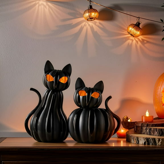 BESTSKY Halloween Luminous Pumpkin Cat LED Set,Halloween Home Decorations,Black Resin Pumpkin Cats Halloween Lights,Halloween Decorations Indoor-Perfect Halloween Gift