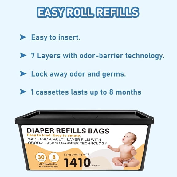 Diaper Pail Easy Roll Refill Bags, Compatible with Genie Easy Roll Signature and Platinum Pails, Each 30 Bags Holds Up to 1410 Newborn Diapers, 7-Layer Odor-Barrier Technology, 3 Pack (90 Bags)
