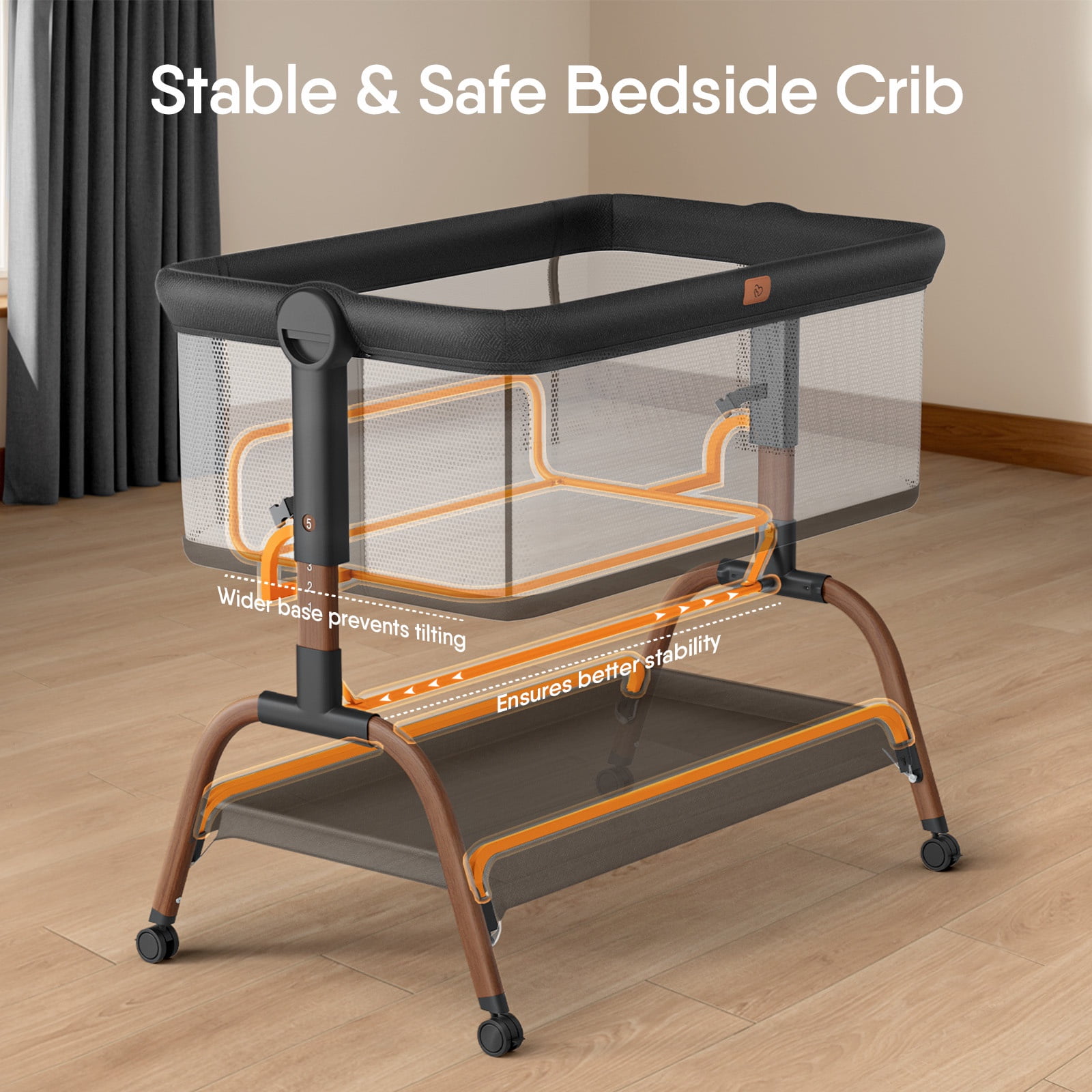 BabyBond Bassinet Bedside Crib, 3-in-1 Baby Bassinet Bedside Sleeper with Mattress and Soft, Breathable Sheet, Full-Mesh Sides, 6-Height Adjustable, Stable and Secure Crib for Newborns,Black