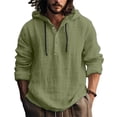thumbnail image 2 of Linen Hoodie for Men, Long Sleeve Lightweight Button Up, Loose Breathable Boho Beach Hooded Shirt Army Green 2XL, 2 of 5