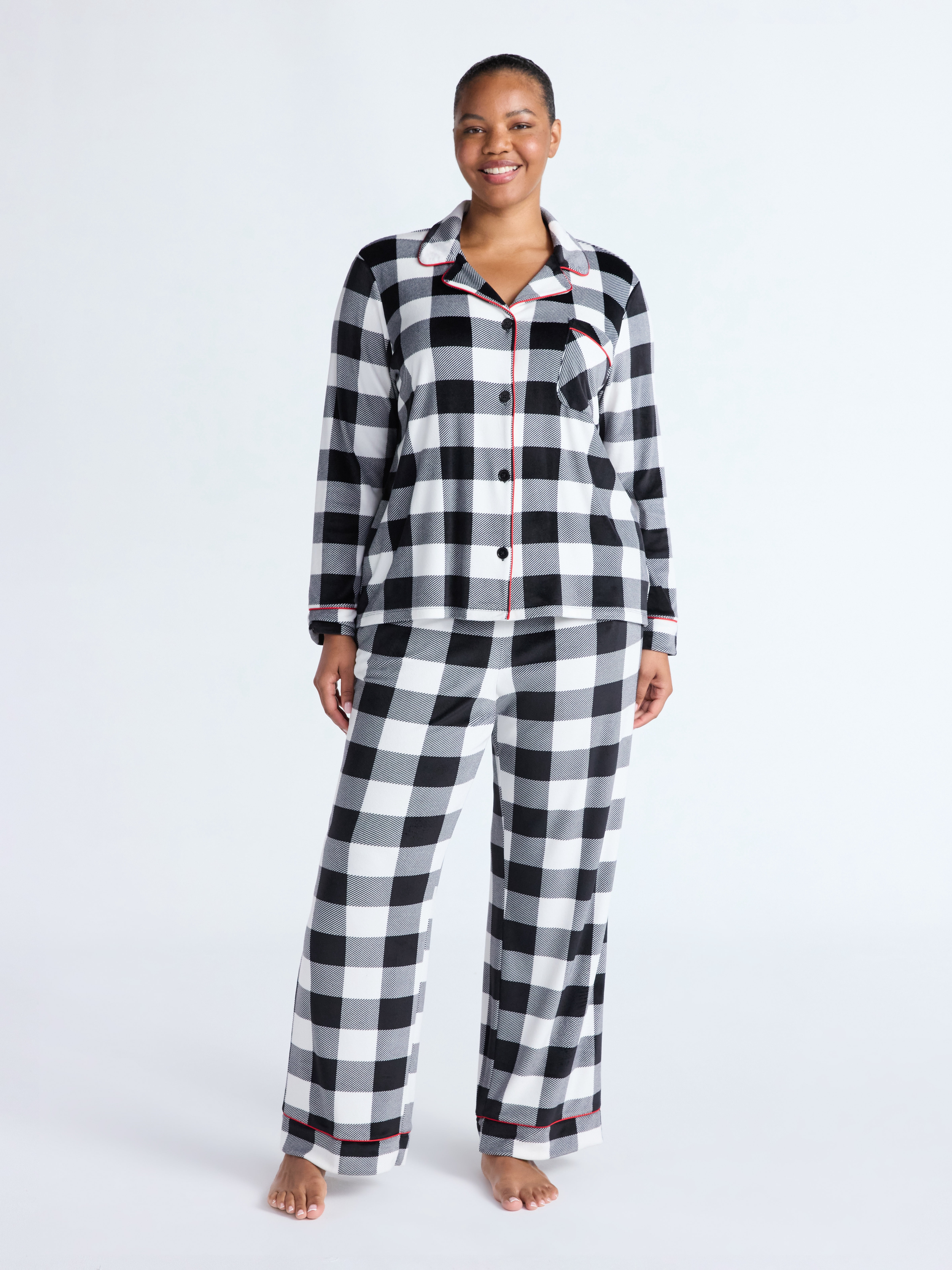 Joyspun Women’s Stretch Velour Notch Collar Long Sleeve Pajama Set, Sizes XS to 4X