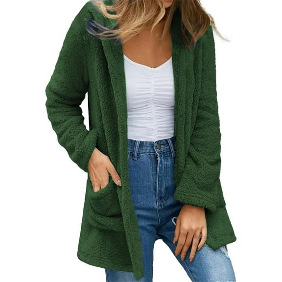 Lovskoo Womens Full Zip Up Hoodie Fuzzy Fleece Jacket Winter Long Sleeve Solid Color Knit Outerwear Double Pocket Hooded Cardigan Jacket Green