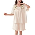 thumbnail image 3 of Swuxness Girls Home Wear 2 Piece Sets, Summer Short Sleeve Sets for Kids, Children's Summer Solid Color Thin Home Clothing with Ruffle Round-Neck Blouses Beige, 14-15 Years, 3 of 5