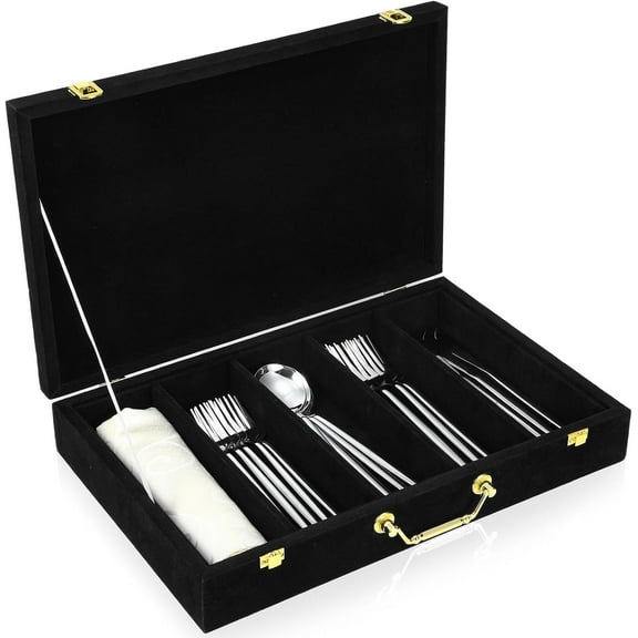 Silverware Case with Lid and Handle, Silverware Storage Box Sterling Silver Flatware Chest Without Silver Tarnish Proof Utensils Organizer for Kitchen Decor Wedding Gifts(Black,1 Layer)