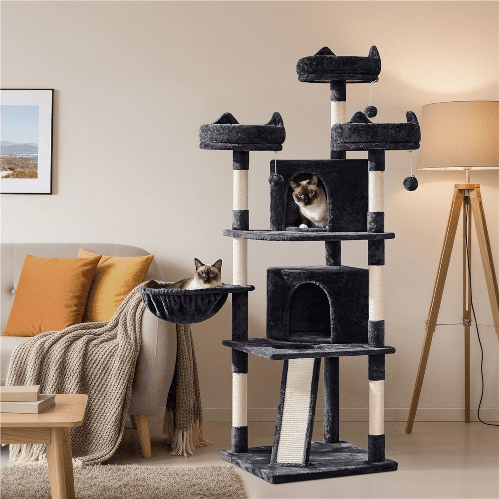 Yaheetech 68.9'' Large Cat Tree Tower with 2 Condos and Scratching Post, Black