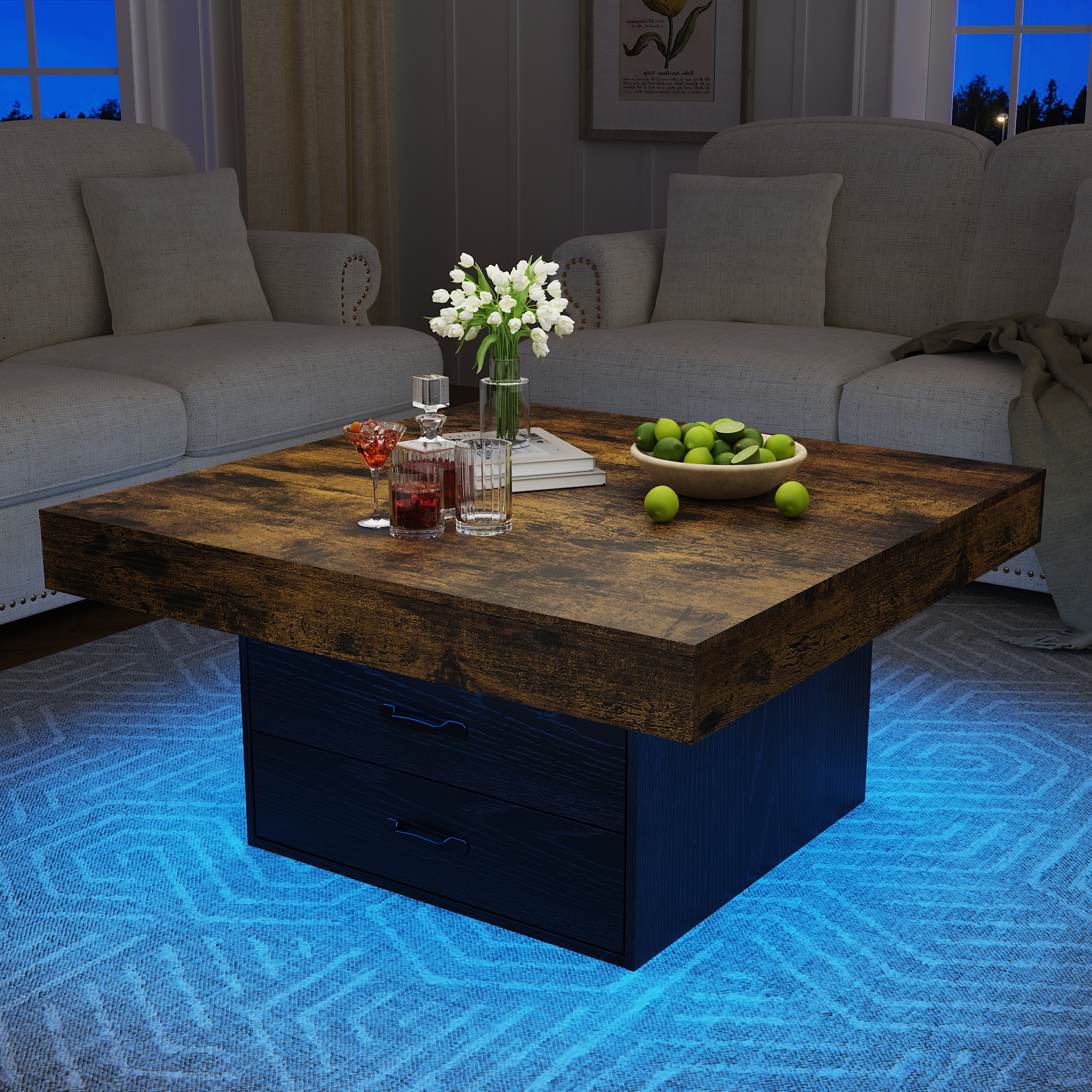 Miniyam 35.4 in. Square Coffee Table with Storage Drawers and LED Lights, Farmhouse Wood Coffee Table for Living Room or Office, Black