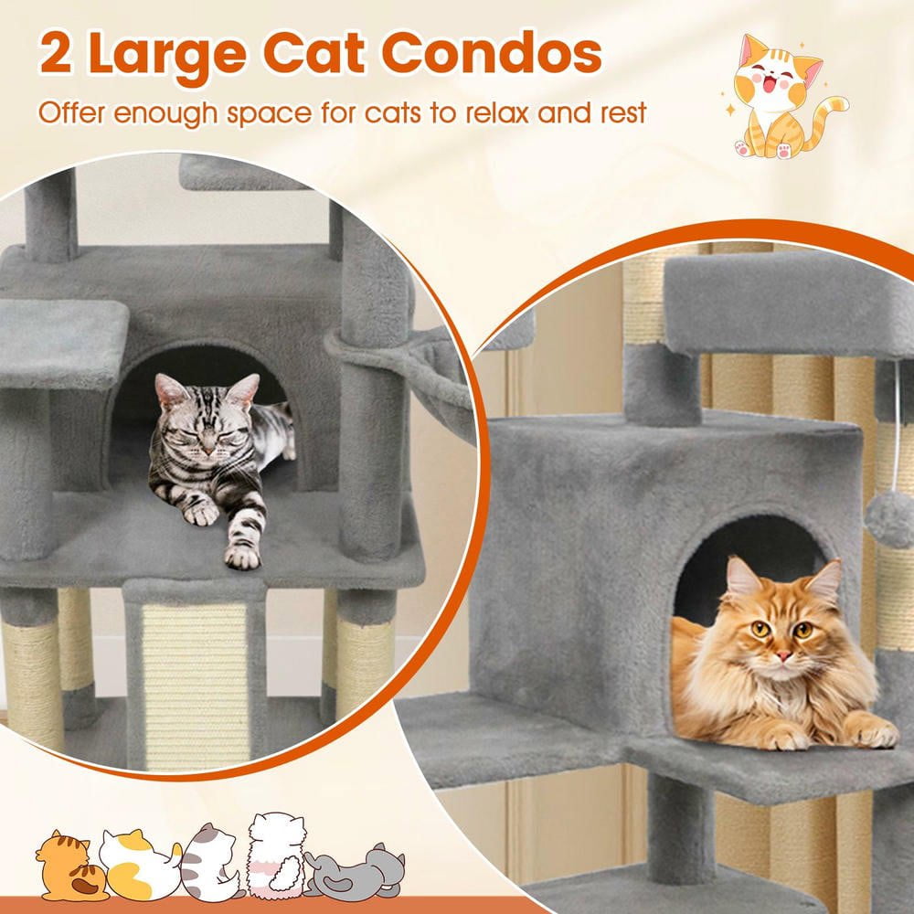 Resenkose 65-Inch Tall Multi-Level Cat Tree with 3 Soft Upholstered Perches and 2 Cozy Cat Condos, Light Gray