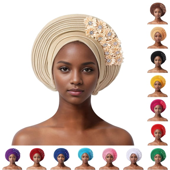 QTSHPN Beret Hats for Women Auto African Head Tie Aso Oke Headwrap Hat Turban Wedding Party Handmade Elegant Hair Wear Cap Women Hats Beige One Size