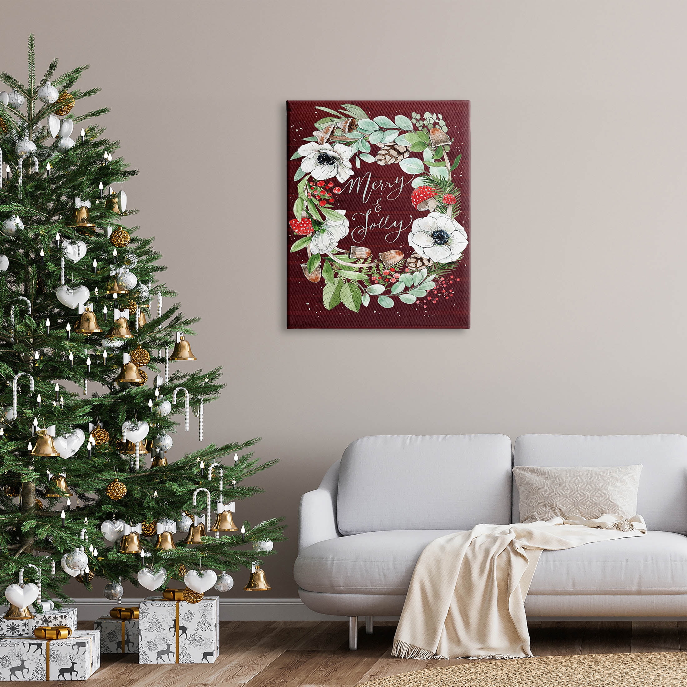 Merry & Jolly Seasonal Mushroom Wreath Holiday Graphic Art Gallery Wrapped Canvas Print Wall Art