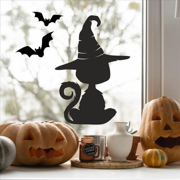 Halloween Black Cat with Witch Hat Vinyl Lettering wall decal (20"H x 12.5"L Black)