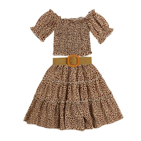 

Fsqjgq Cute Spring Clothes for Kids Toddler Baby Girl Clothes Toddler Kids Baby Girls Short Bubble Sleeve Tops Floral Skirt with Belt Outfit Clothes Set Size 110 Brown