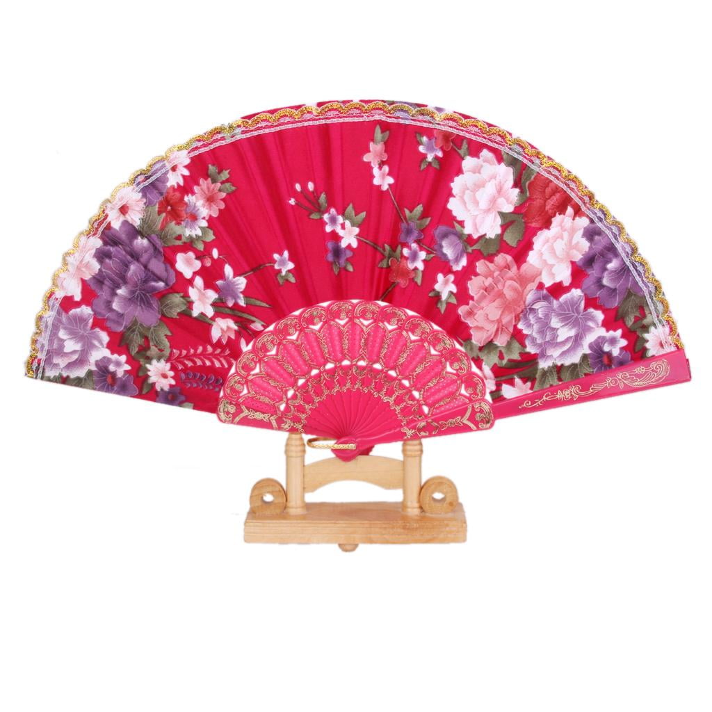 Retro Folding Hand Fan Spanish Floral Fabric Lace for Dancing Wedding Party 