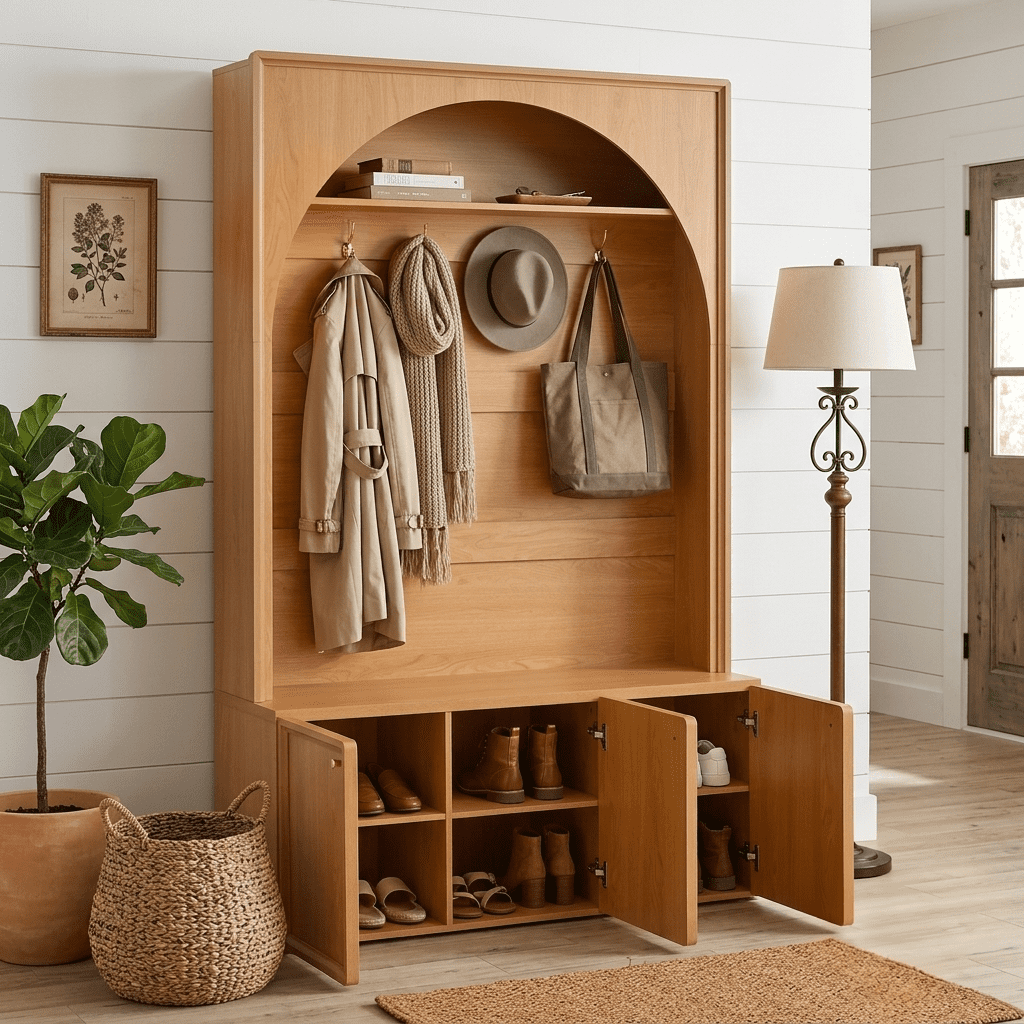 Homy Casa 48.7" Modern Arched Hall Tree with Coat Hooks & Hidden Shoe Cabinet, Natural Oak