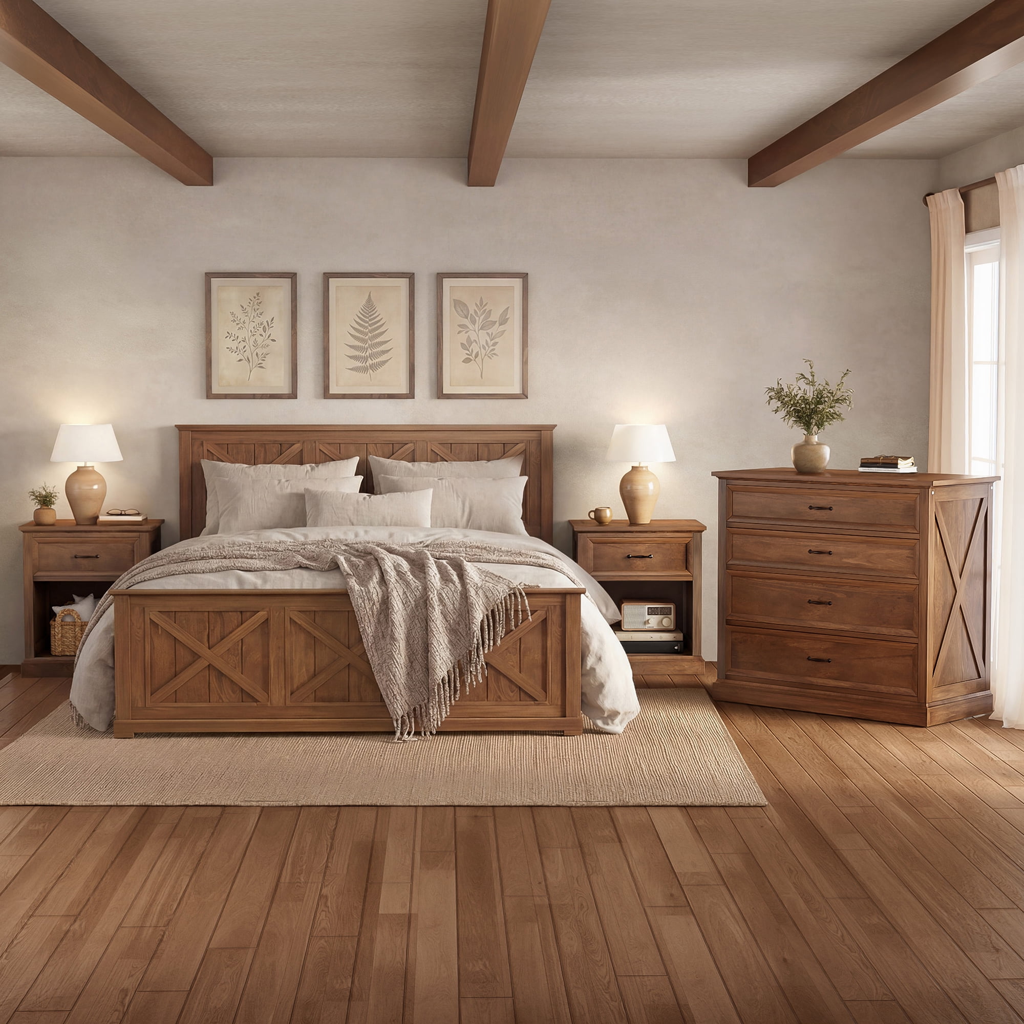Mintazer 4 Piece Farmhouse Bedroom Set, Bedroom Furniture Set with Queen Size Platform Bed Frame and 2 Nightstands & Dresser for Bedroom, Walnut