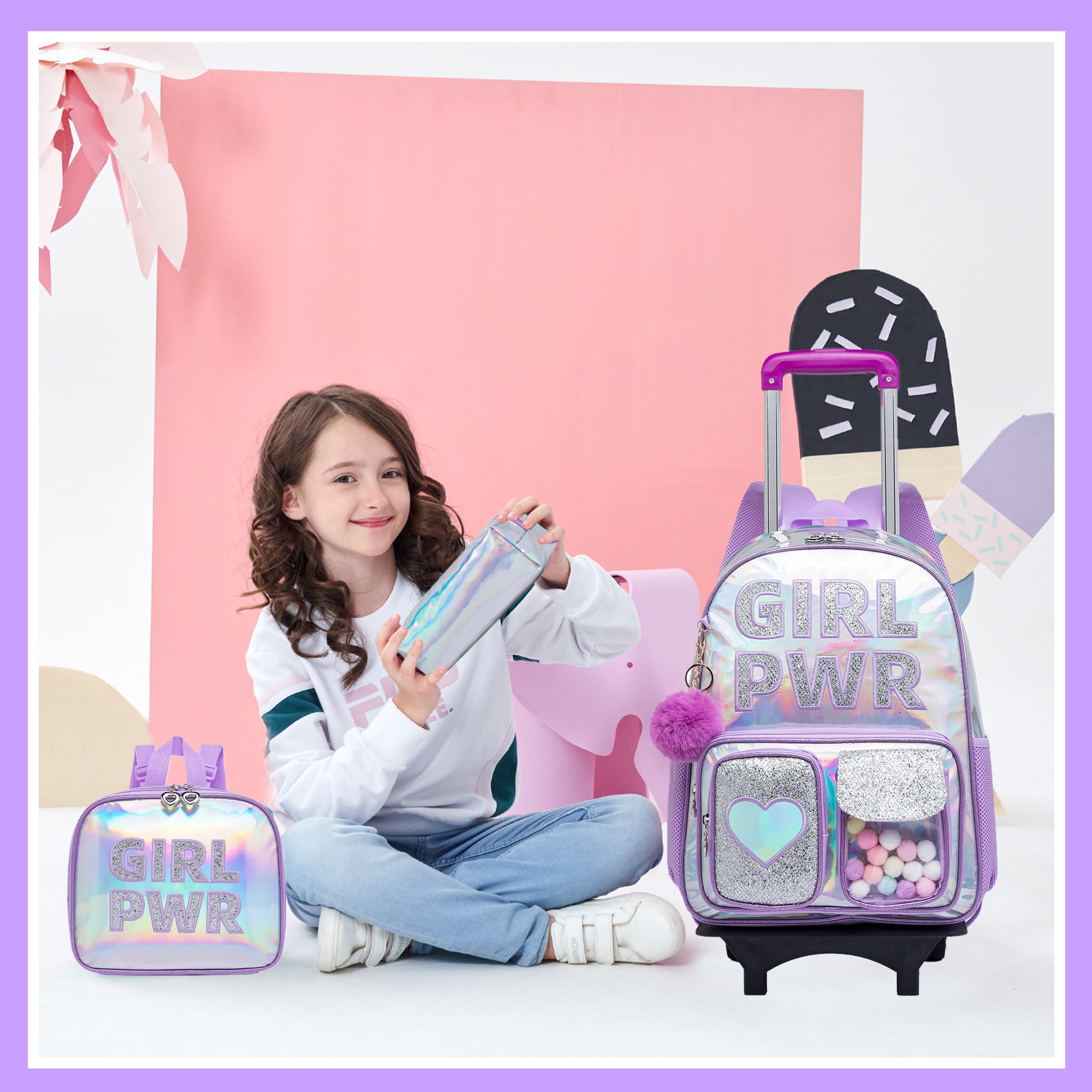 Sequin Kids Rolling Backpacks for Girls with Wheels Wheeled Backpack for School Lightweight Roller Bookbag Purple