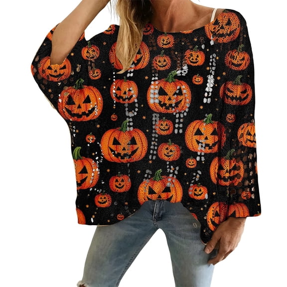 Certgust Usa Sweatshirt Women Under $15 Halloween Crochet Pumpkin Sweater Women Oversized Pumpkin Knit Pullover Cozy Fall Sweater