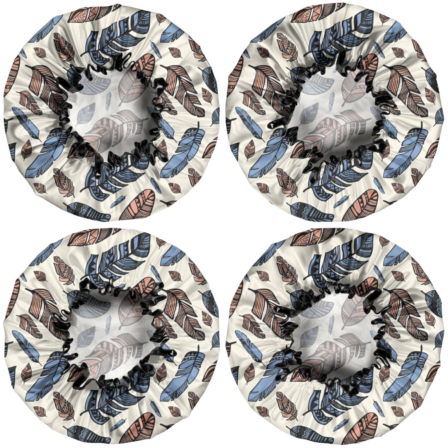 Shower Caps,Blue and Brown Feather Pattern Waterproof Shower Cap for Women 4 Pieces,Double Reusable Hair Cover for Shower PEVA Elastic Stretch Hem