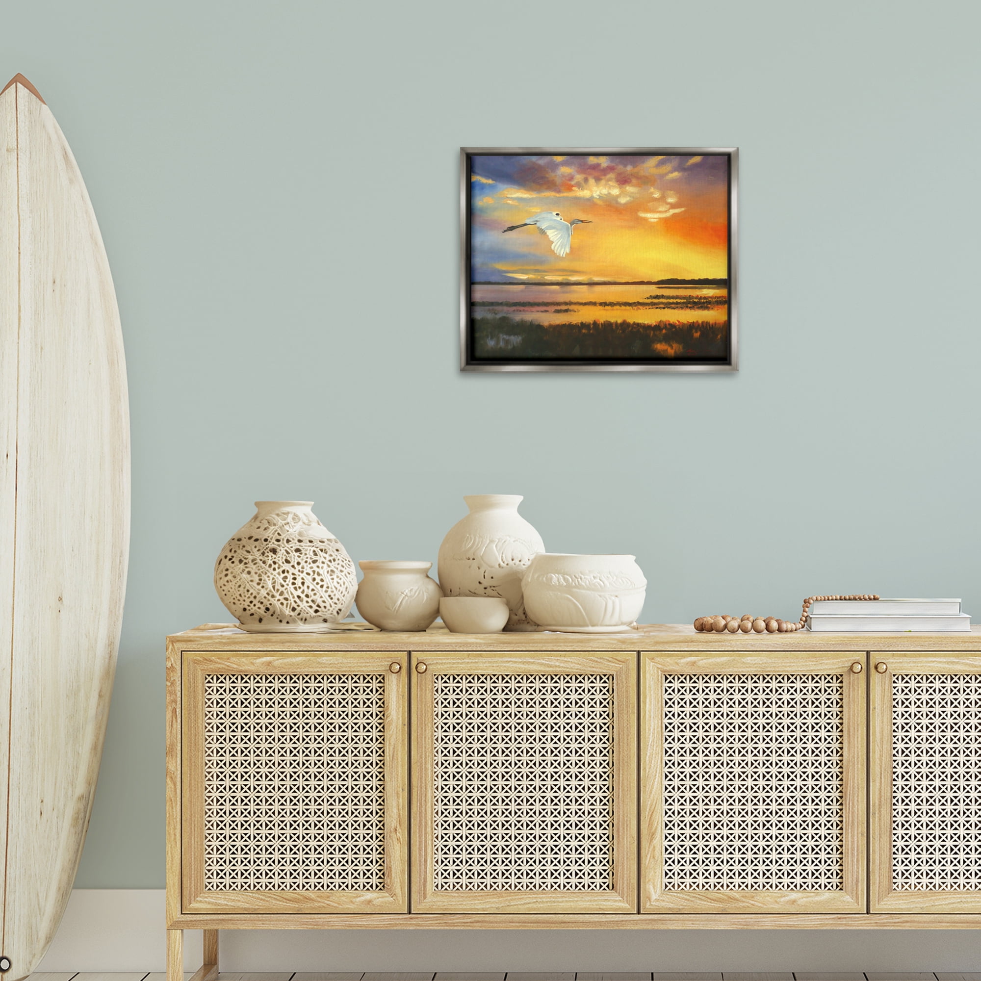 Stupell Industries Bird over Sunlit Pond Landscape Painting Gray Floater Framed Canvas Art Print Wall Art, 21 x 17