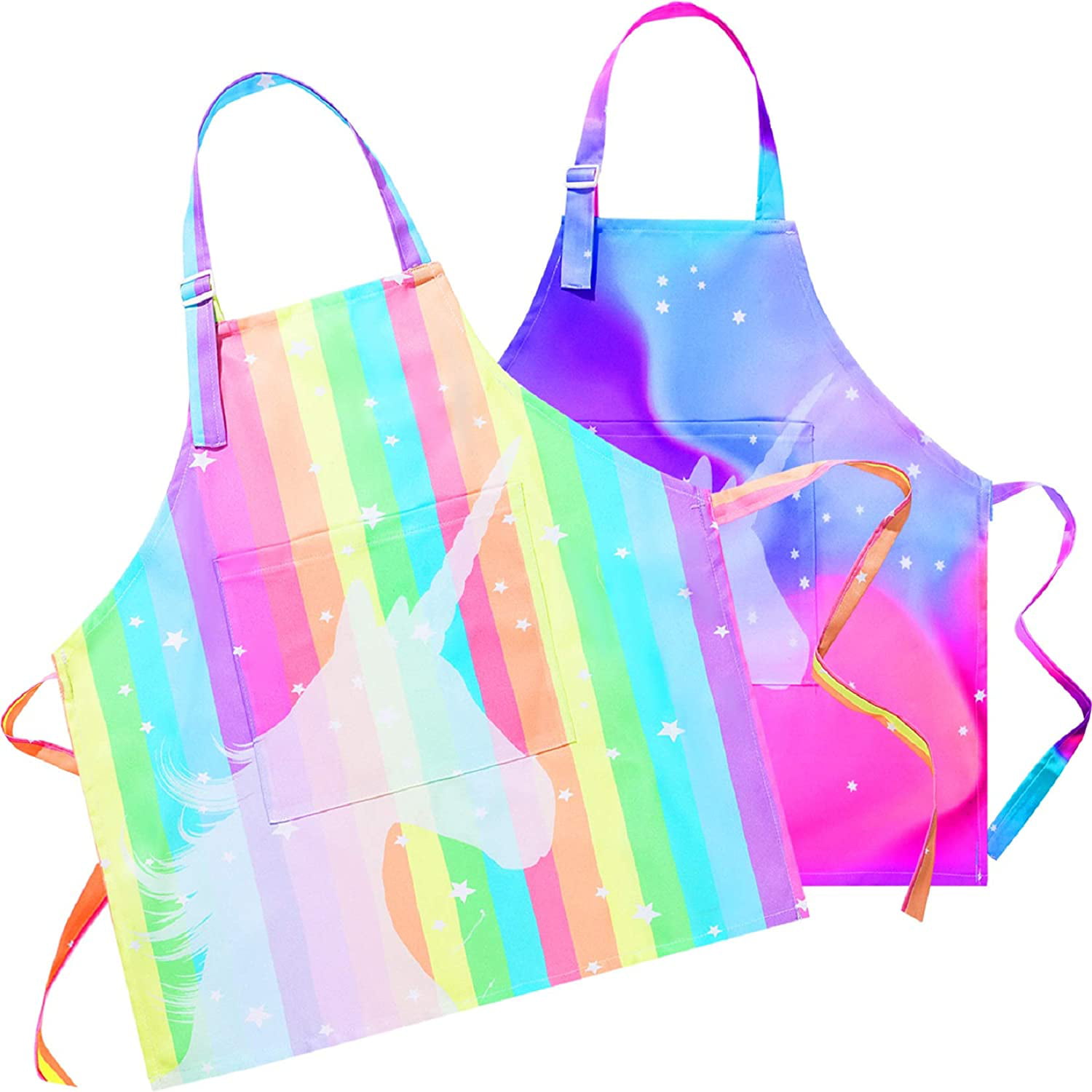 2 Pack Kids Apron Unicorn Mermaid Aprons with Pockets for Children Girls Boys Kitchen Chef Aprons for Cooking Baking Painting 