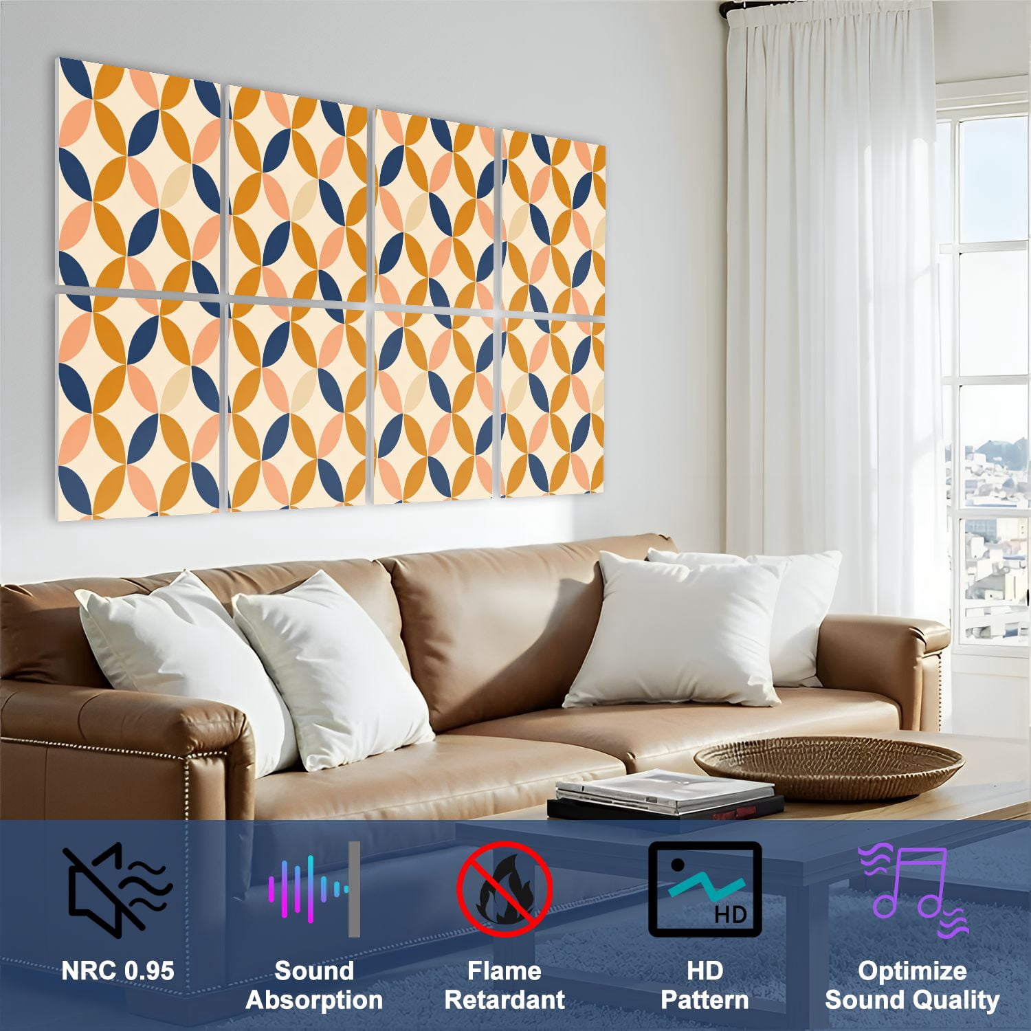 8 Pack Art Acoustic Panels Geometric Abstract Orange Navy Beige Shapes Self Adhesive Absorbing Dampening Panels Self Adhesive for Nursery Game Room Bedroom 48"x32"