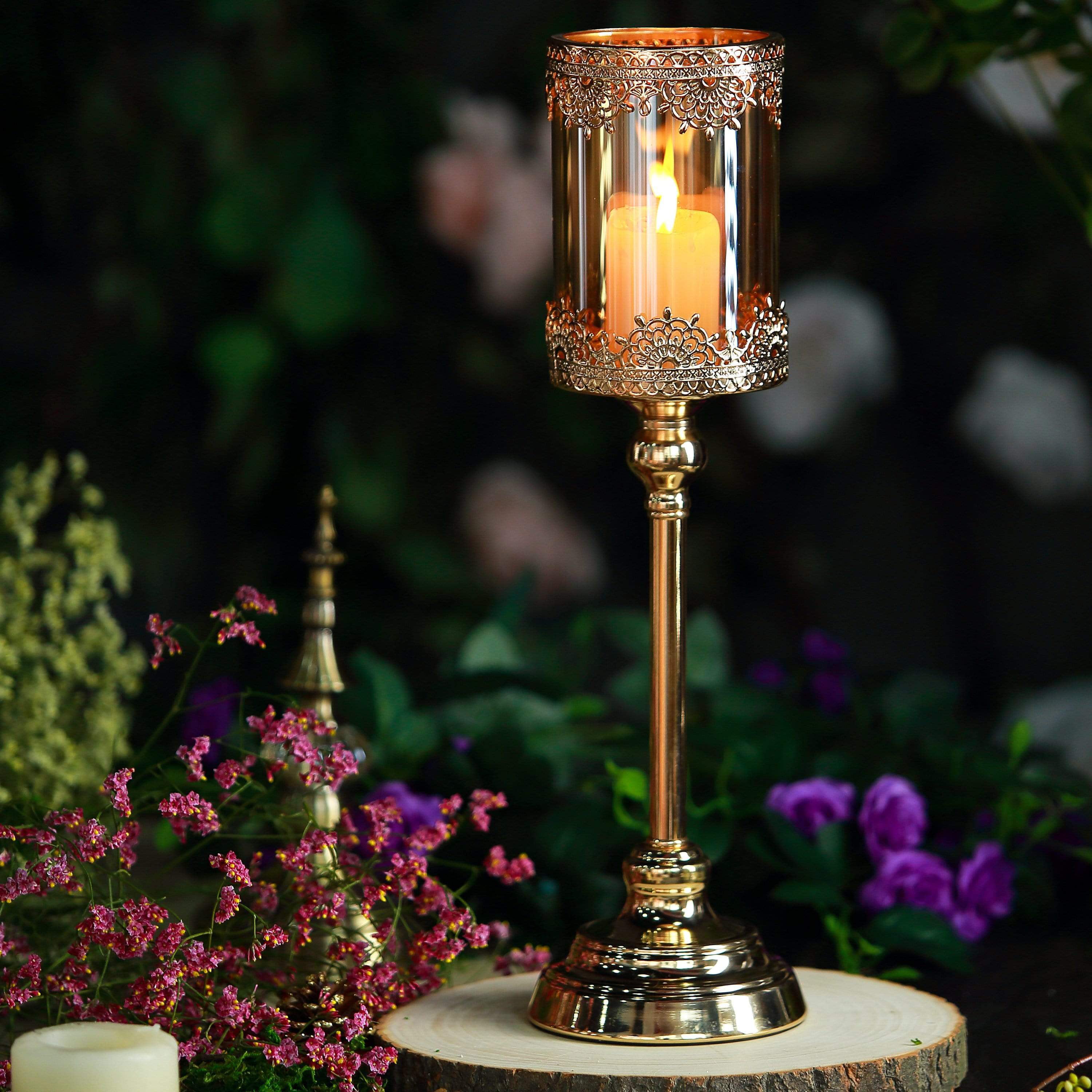Hurricane Candle Holder w/ Elegant Ivory Lacy Jeweled Base Victorian Style 