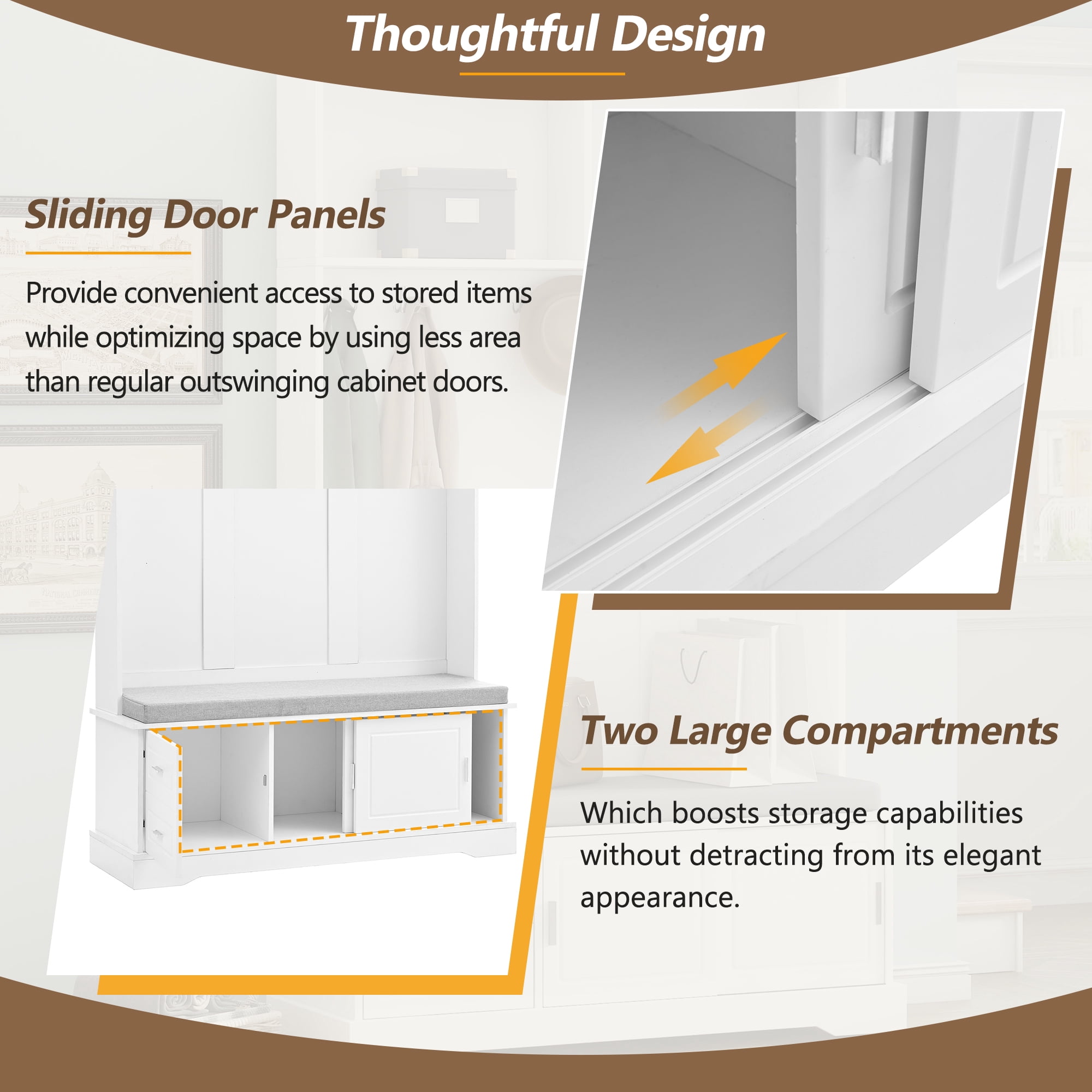 Euroco 3-in-1 Hall Tree with Padded Bench, Sliding Doors, and Spacious Storage – Elegant Foyer Rack, Shoe Cabinet, and Seating Bench with Anti-Tip Device