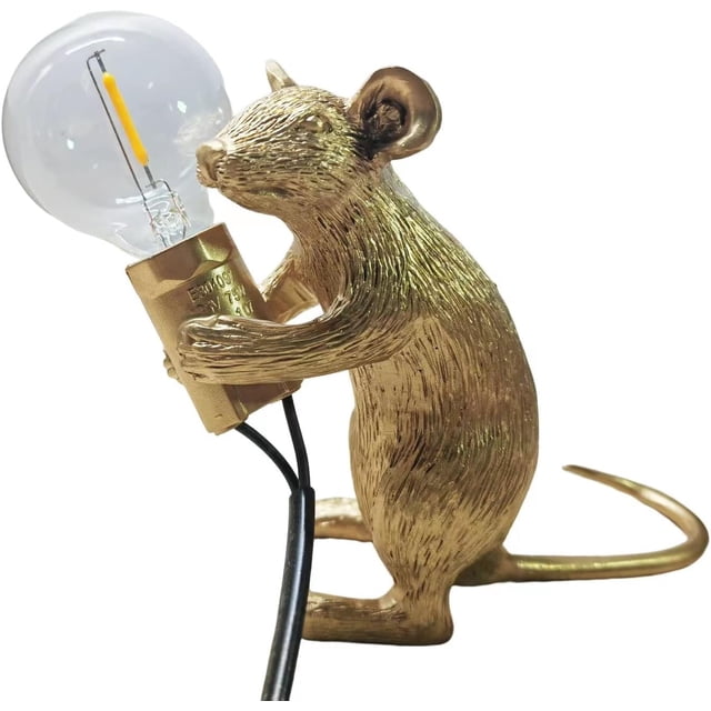 Modern Cute Art Mouse Table Lamp Children's Bedside Gift Mini Mouse Lamp LED Resin Animal Small Mice Desk Lights (Gold Sitting)