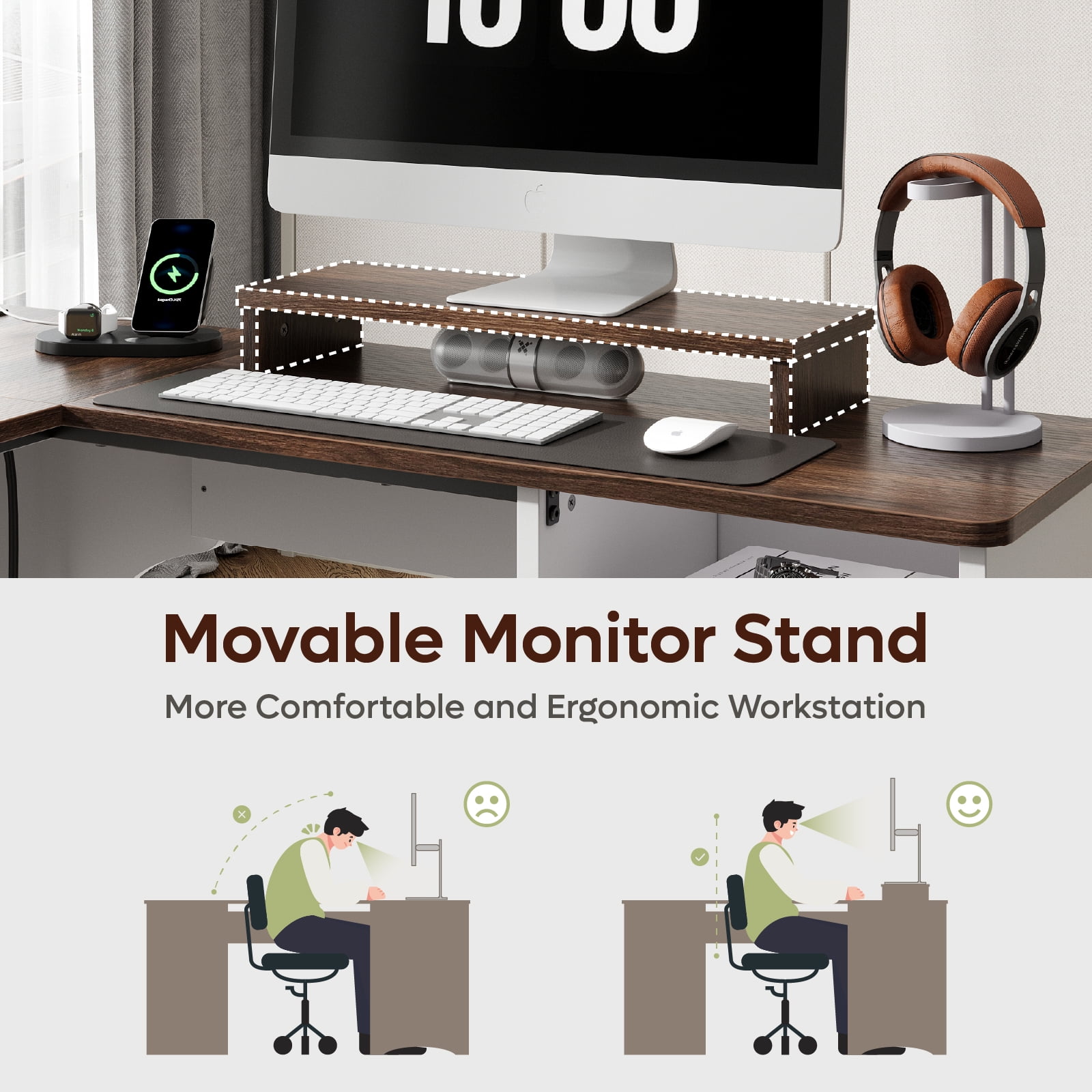 Bestier 55" L-shaped Computer PC Desk Lift Top with Power Outlets Storage Drawers and Monitor Stand, Walnut and White