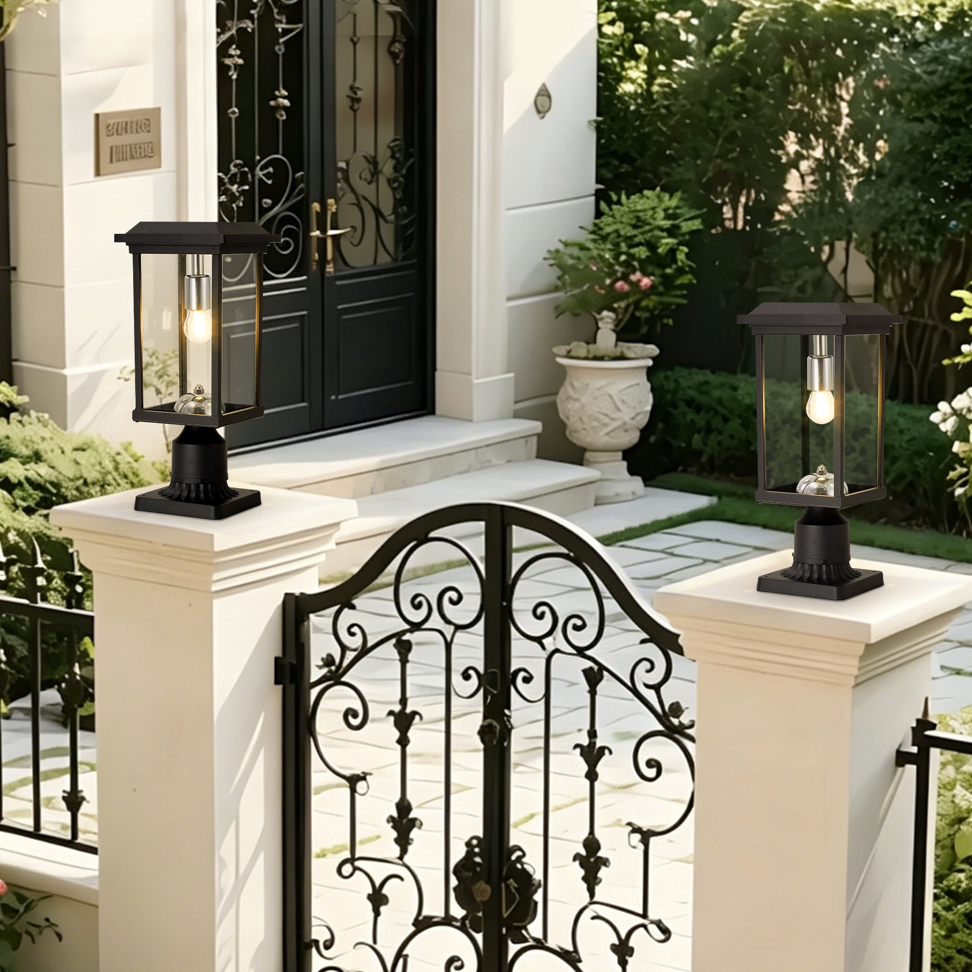 Dusk to Dawn Outdoor Post Light with Pier Mount Base and Glass Panels, Hardwired Aluminum Pole Lamp for Garden, Black