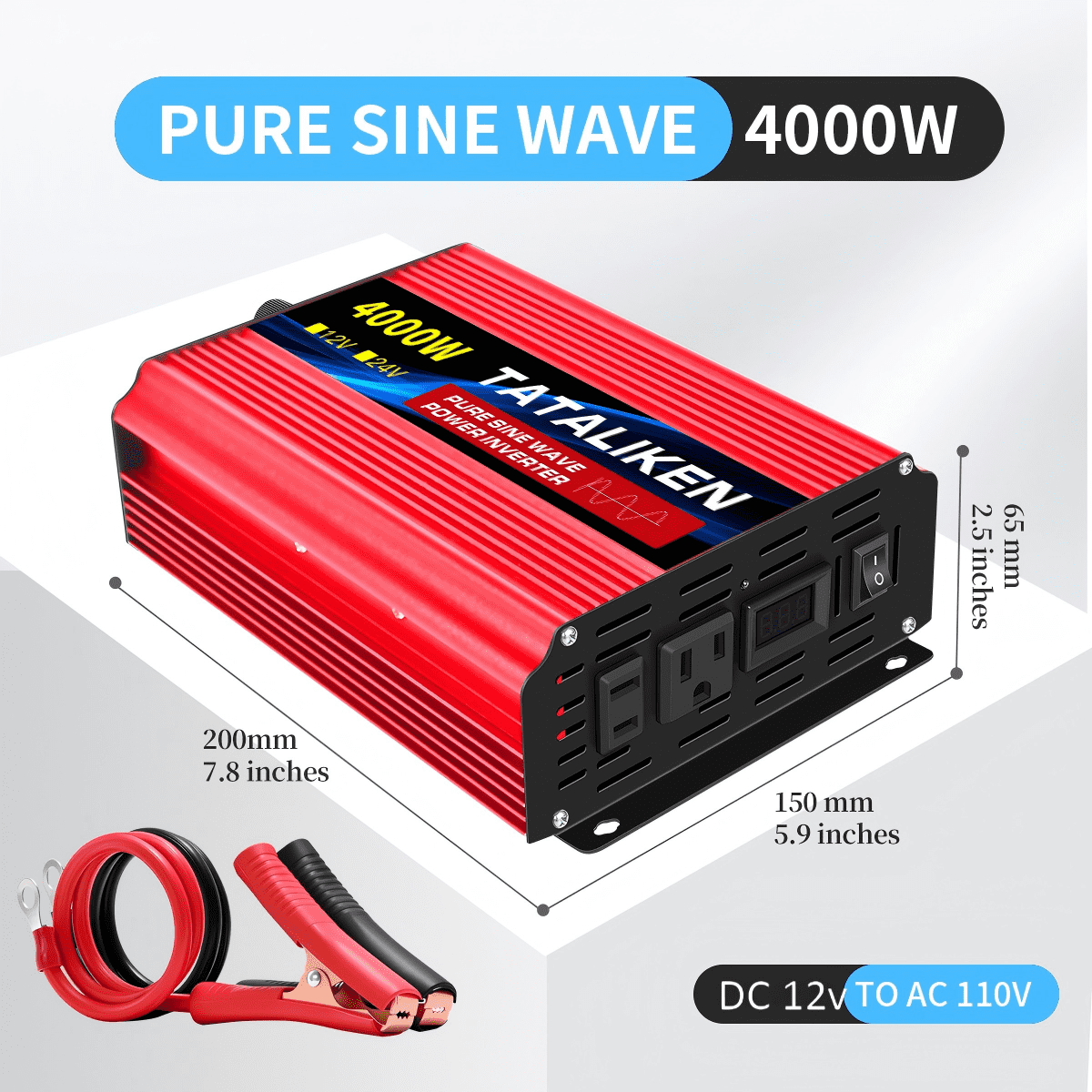 4000W Pure Sine Wave Power Inverter 12V DC to 110V AC,  LED Display Red Aluminum for Car/RV/Home