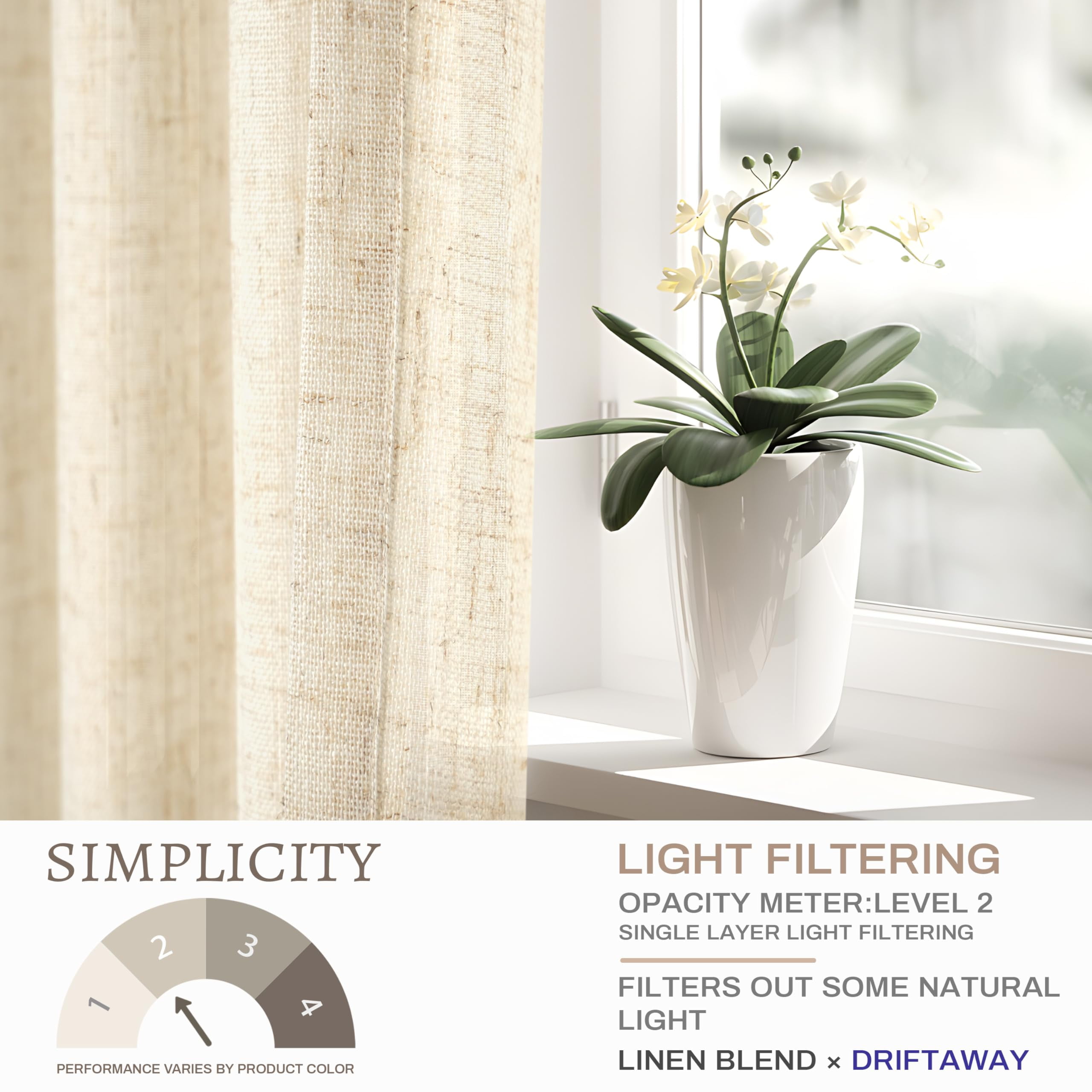 DriftAway Natural Linen Curtains 54 Inches Long for Living Room Semi Sheer 2 Panels Farmhouse Real Flax 3 Inch Rod Pocket Back Tab Boho Rustic Light Filtering Window Drapes for Bedroom