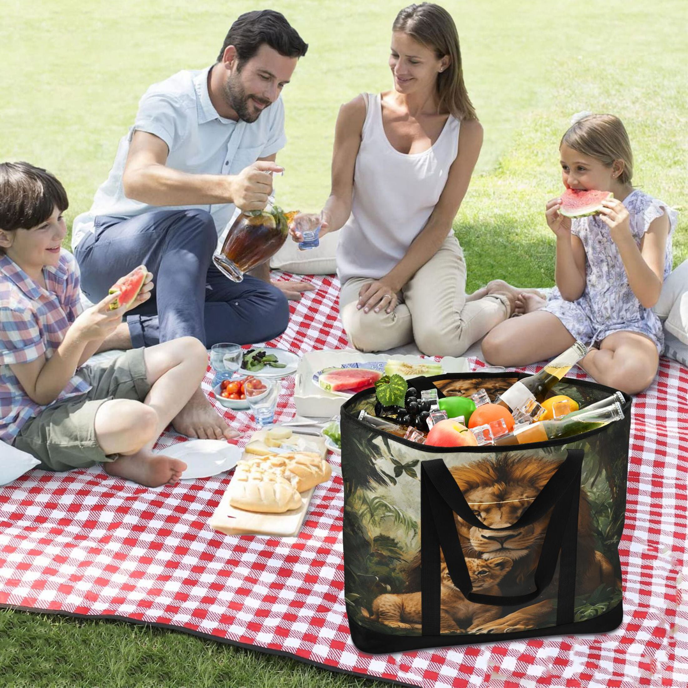 Large Hand-held Ice Pack Picnic Bag Insulation and Refrigeration Suitable for Shopping Picnics and Camping Beautiful Brown Lions