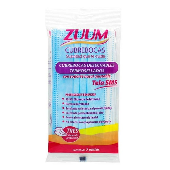 Cubrebocas Zuum desechables termosellados 5 pzas