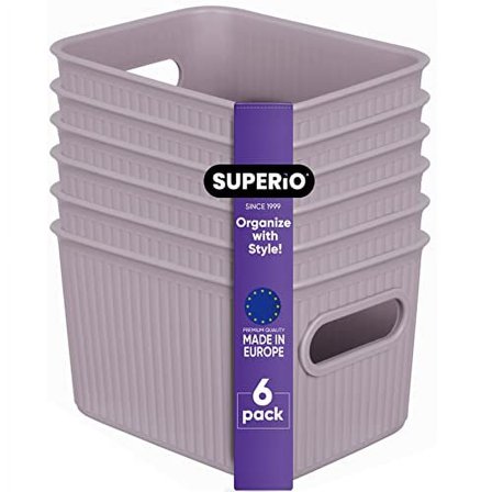 Superio Small Ribbed Plastic Storage Basket Organizer (6 Pack), Mini Stackable Closet Storage Bin for Home, Shelf, Desk, Pantry Toys, Clothes, Cosmetics, Stationary (Lilac, 1.5 Liter)