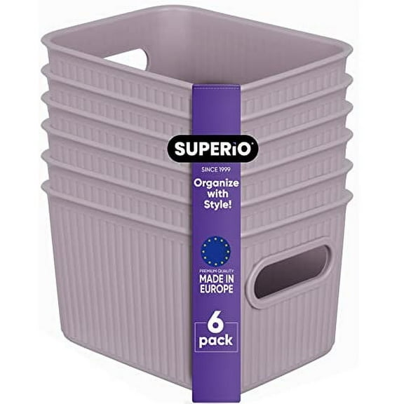 Superio Small Ribbed Plastic Storage Basket Organizer (6 Pack), Mini Stackable Closet Storage Bin for Home, Shelf, Desk, Pantry Toys, Clothes, Cosmetics, Stationary (Lilac, 1.5 Liter)