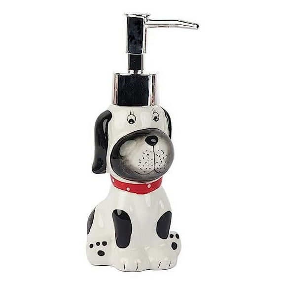 Servette Home Ceramic White Spotted Dog Soap Dispenser with Pump for Bathroom or Kitchen Sink