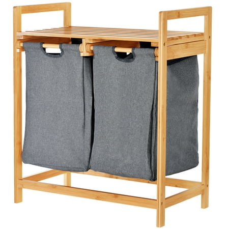 ToiletTree Products Bamboo Laundry Hamper with Dual Compartments – Two-Section Laundry Basket with Removable Sliding Bags & Shelf – Bathroom