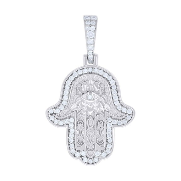 925 Sterling Silver Round Cut Moissanite Men's Hamsa Hand w/ Evil Eye Pendant Religious Charm | 0.37 Ct.