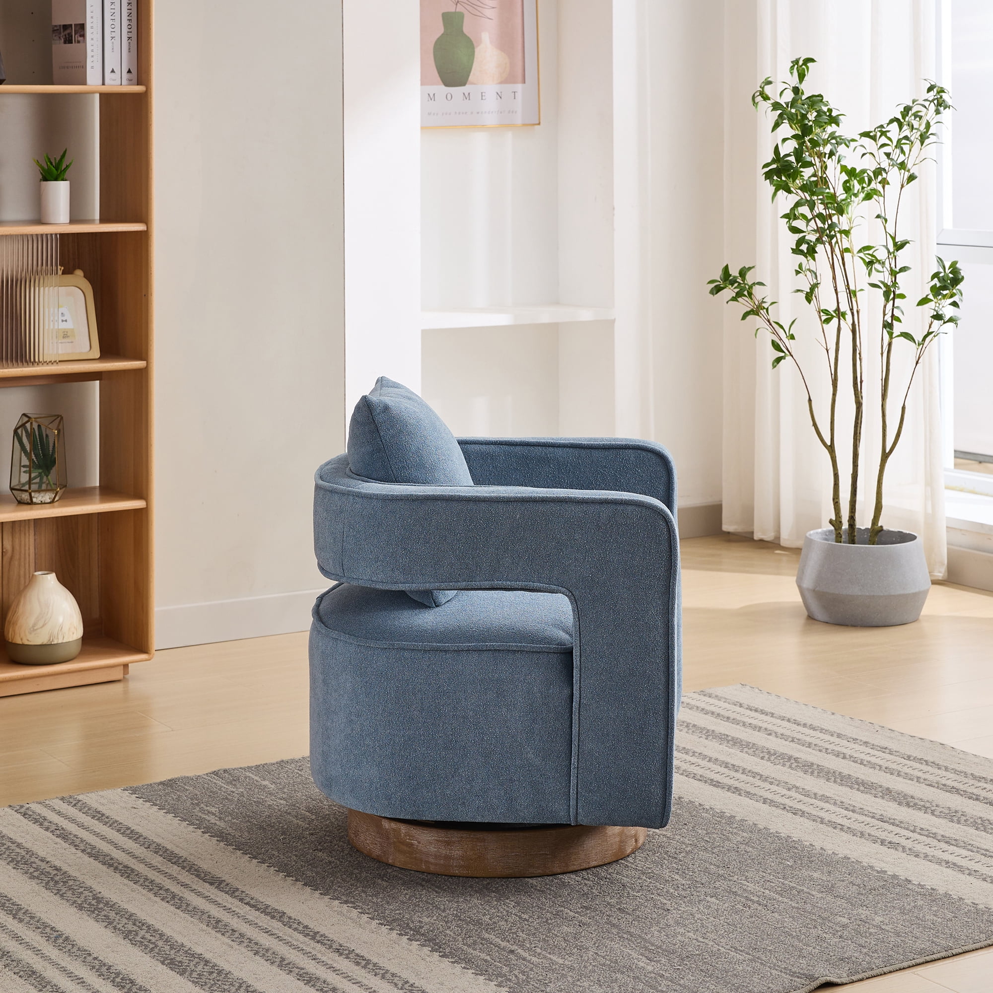 Leumius Swivel Accent Chair with Open Back,Modern Single Sofa Chair With Weathered Base for Nursery Bedroom Living Room Hotel Office, Club Chair Leisure Arm Chair for Lounge,Blue Linen Blend